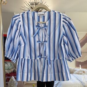 GANNI

Cotton Poplin Peplum Blouse
Blue and white stripe
Size 34/XS